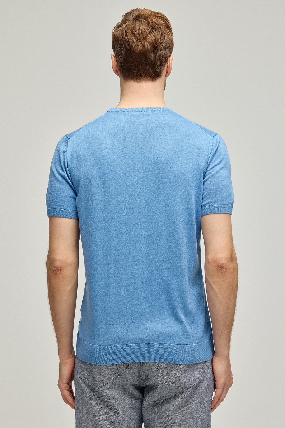 Mavi İpek Pamuk Quentin Yuvarlak Yaka Kısa Kollu Triko Tişört