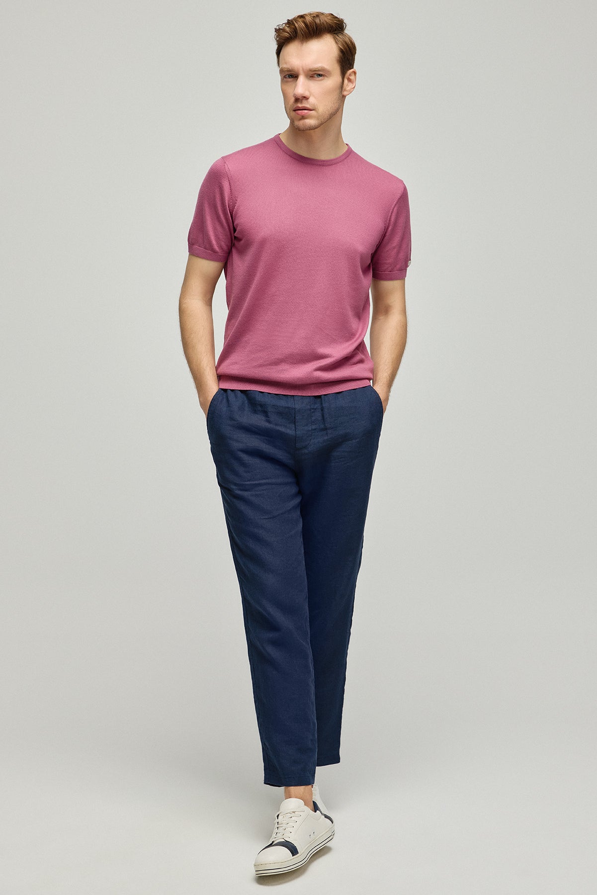 Gül Kurusu İpek Pamuk Quentin Yuvarlak Yaka Kısa Kollu Triko Tişört