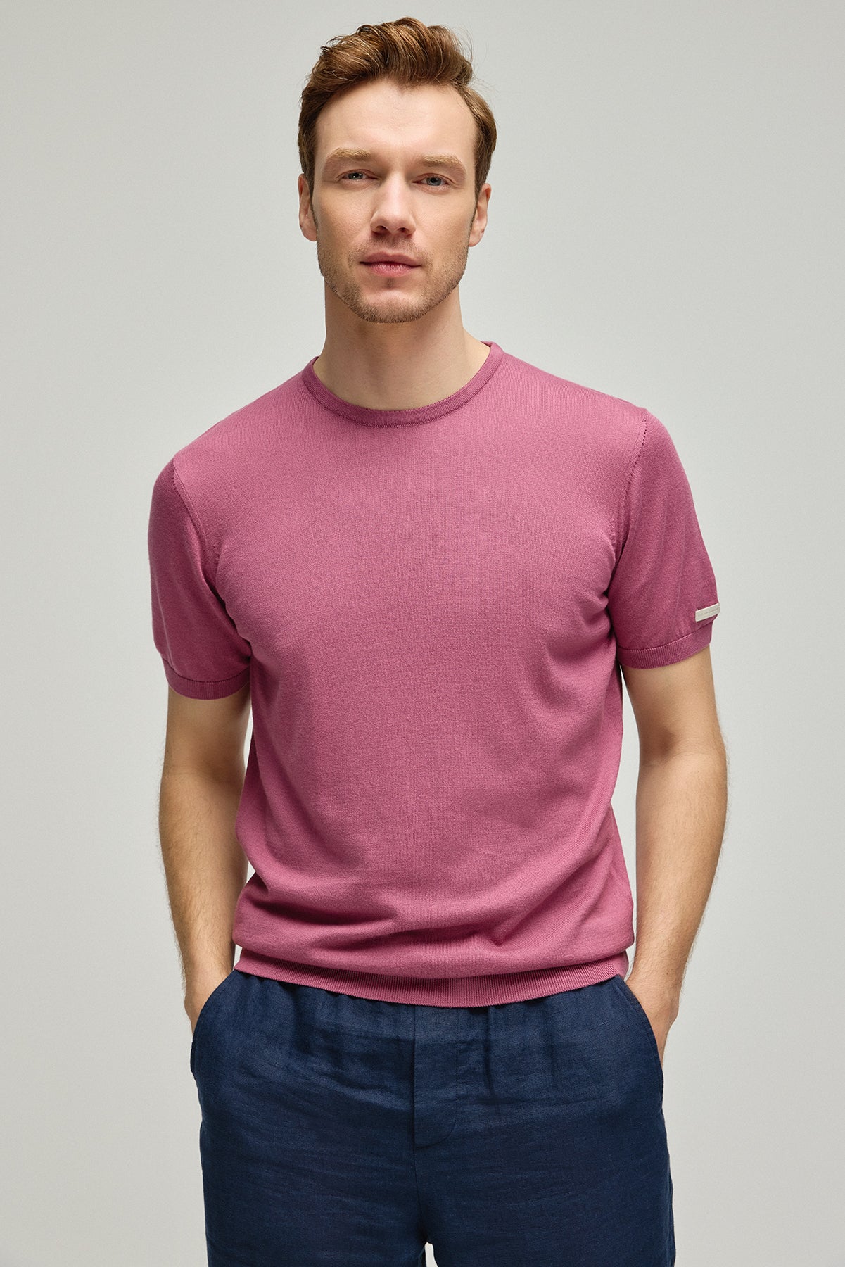 Gül Kurusu İpek Pamuk Quentin Yuvarlak Yaka Kısa Kollu Triko Tişört