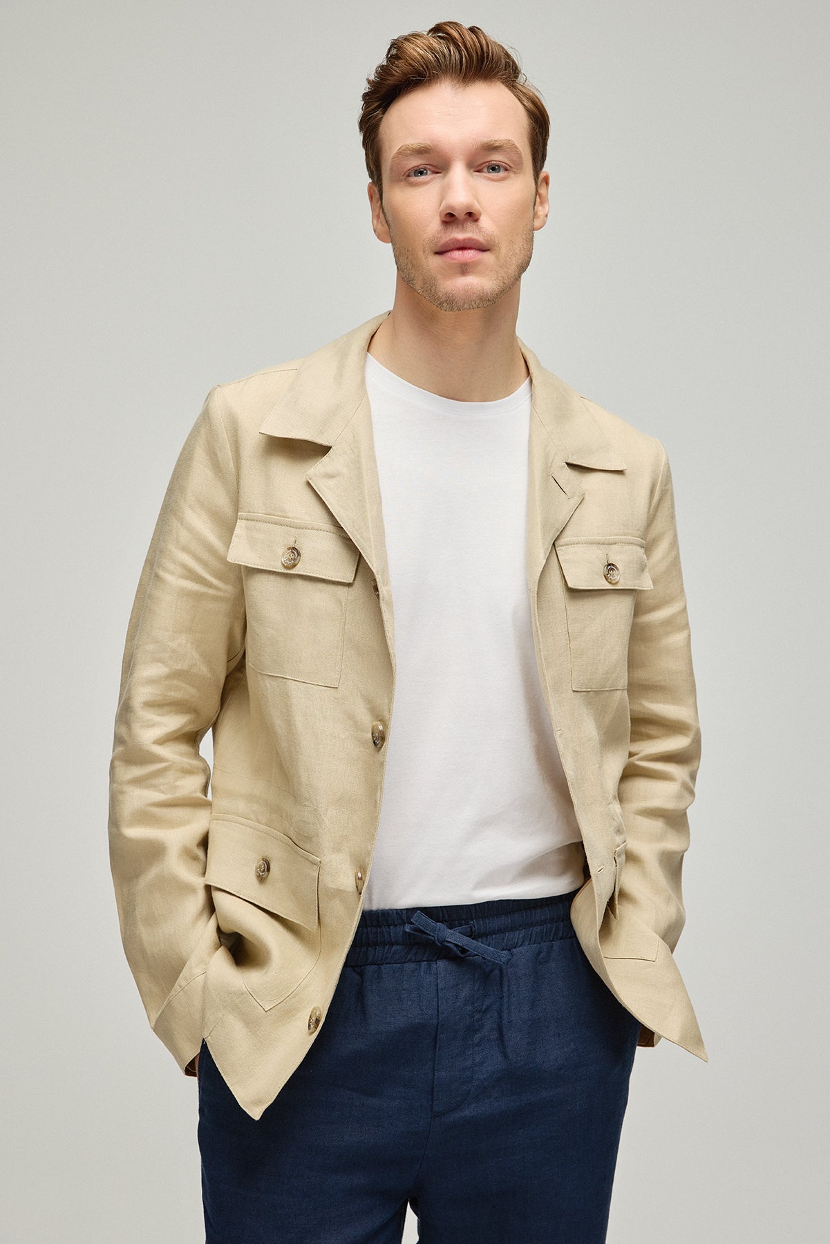 Bej Keten Leon Erkek Safari Ceket