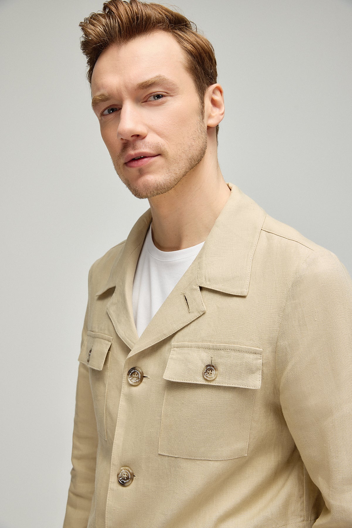 Bej Keten Leon Erkek Safari Ceket