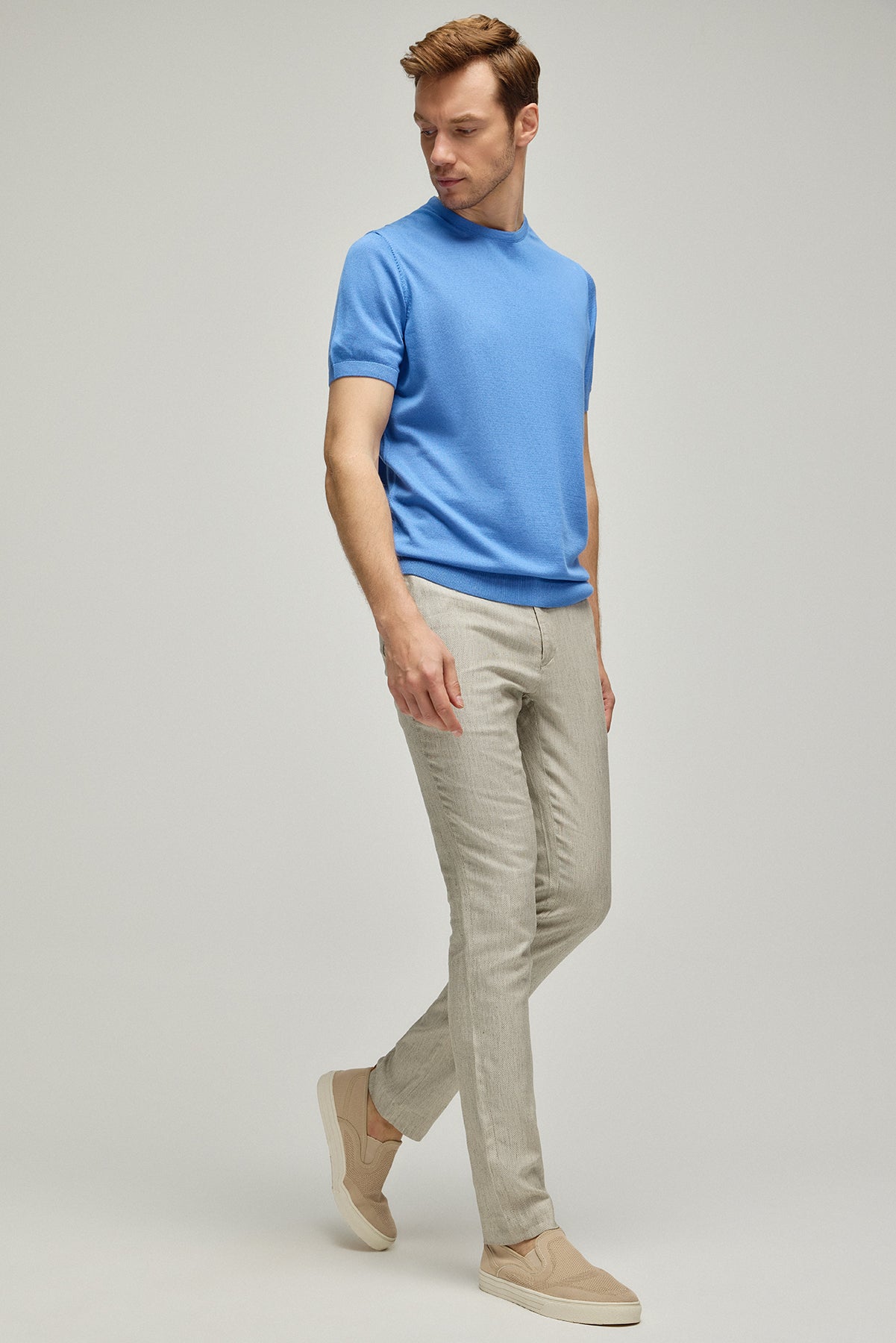 Koyu Bej & More Leon Ketenli Beli Lastik Detaylı Erkek Pantolon