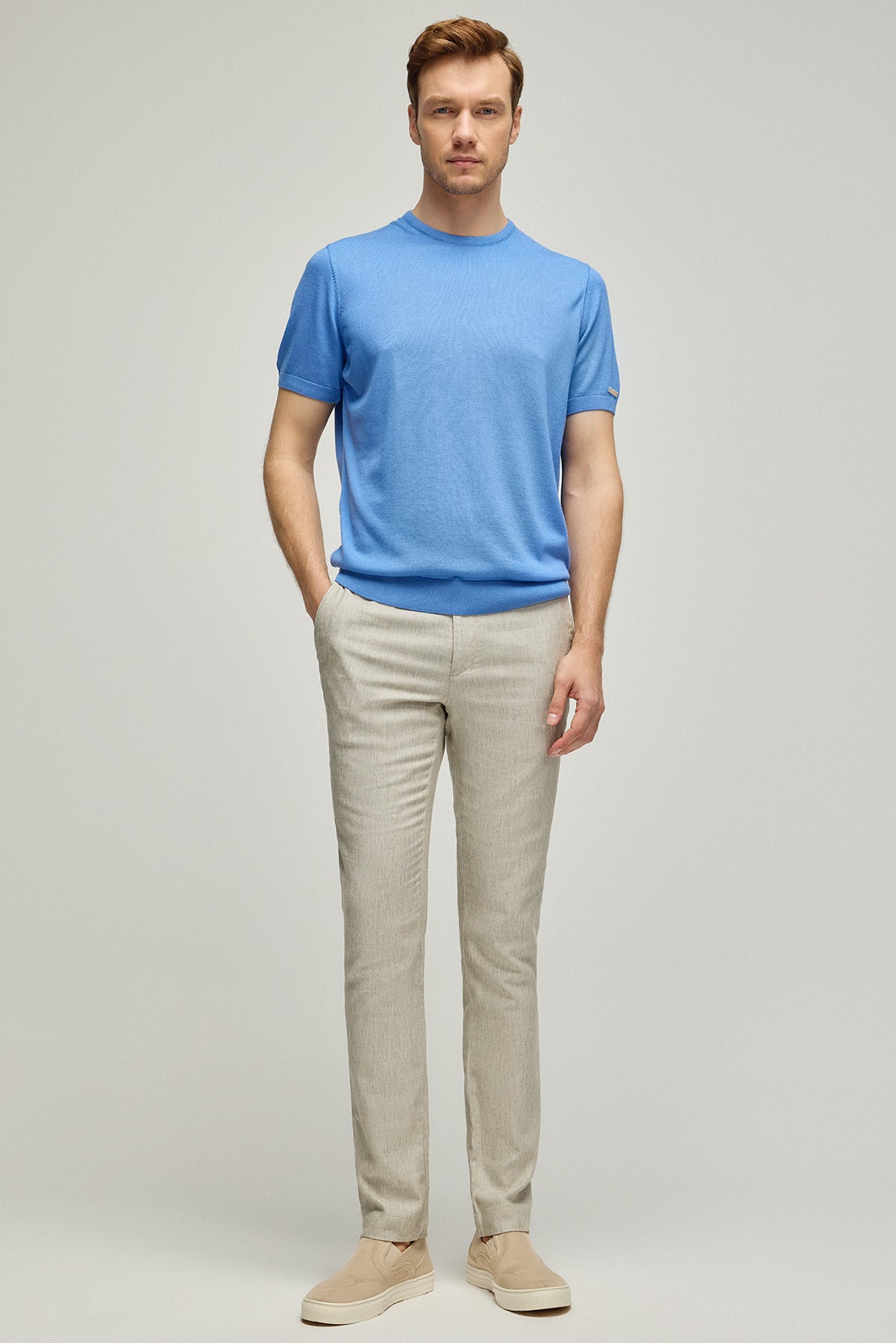 Koyu Bej & More Leon Ketenli Beli Lastik Detaylı Erkek Pantolon