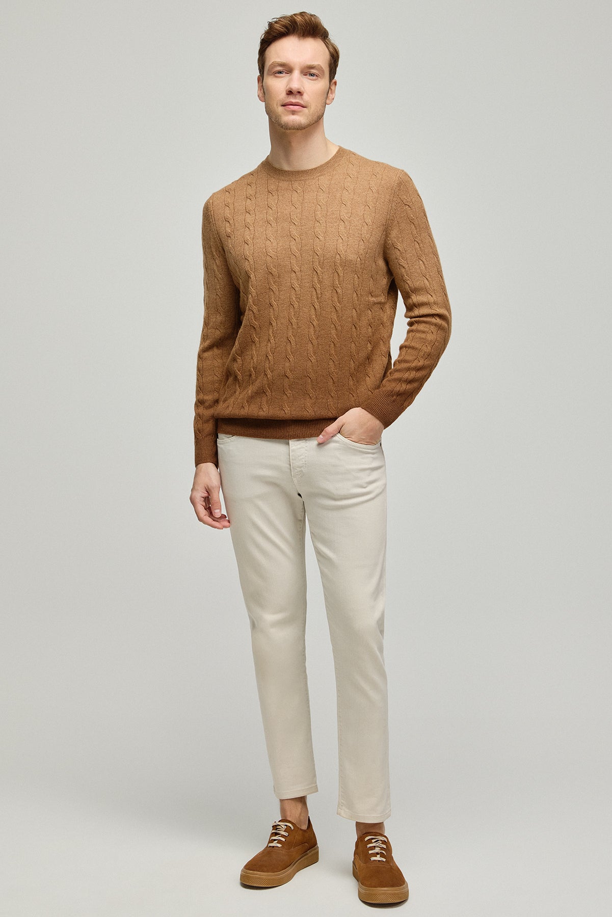 Camel Amerigo Kaşmir Yün Saç Örgülü Degrade Yuvarlak Yaka Uzun Kollu Erkek Kazak