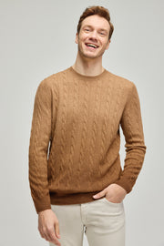 Camel Amerigo Kaşmir Yün Saç Örgülü Degrade Yuvarlak Yaka Uzun Kollu Erkek Kazak
