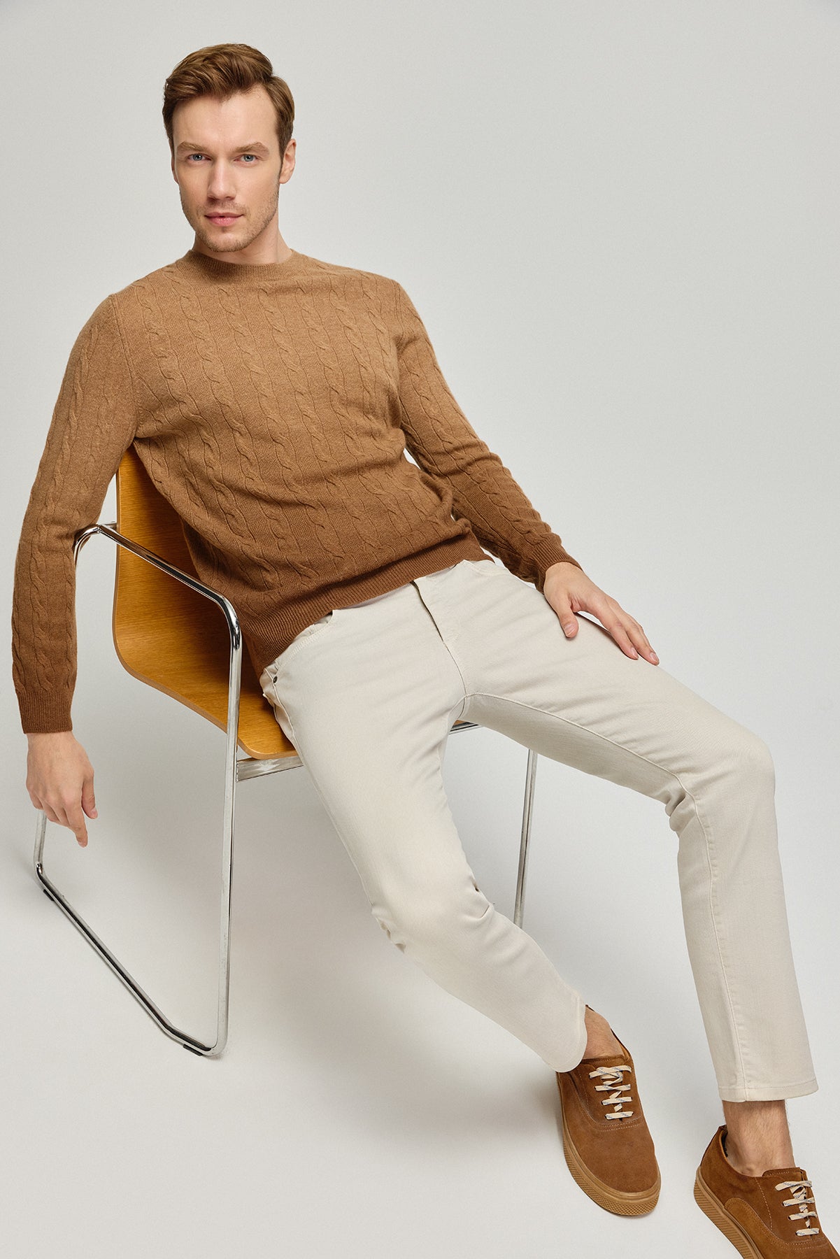 Camel Amerigo Kaşmir Yün Saç Örgülü Degrade Yuvarlak Yaka Uzun Kollu Erkek Kazak