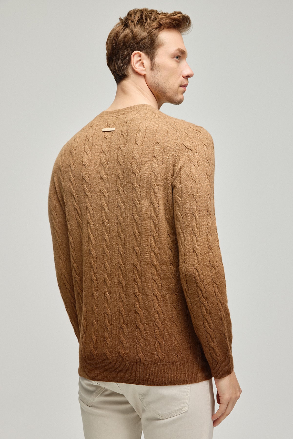 Camel Amerigo Kaşmir Yün Saç Örgülü Degrade Yuvarlak Yaka Uzun Kollu Erkek Kazak