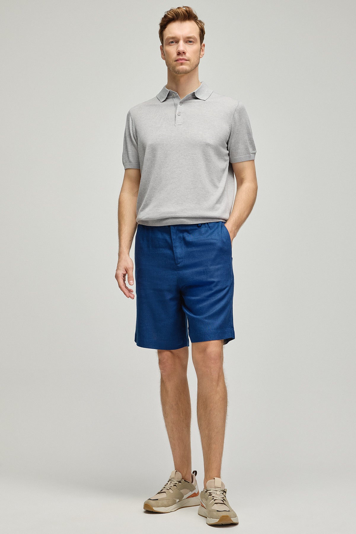 Lacivert Leon Ketenli Rahat Kesim Erkek Şort