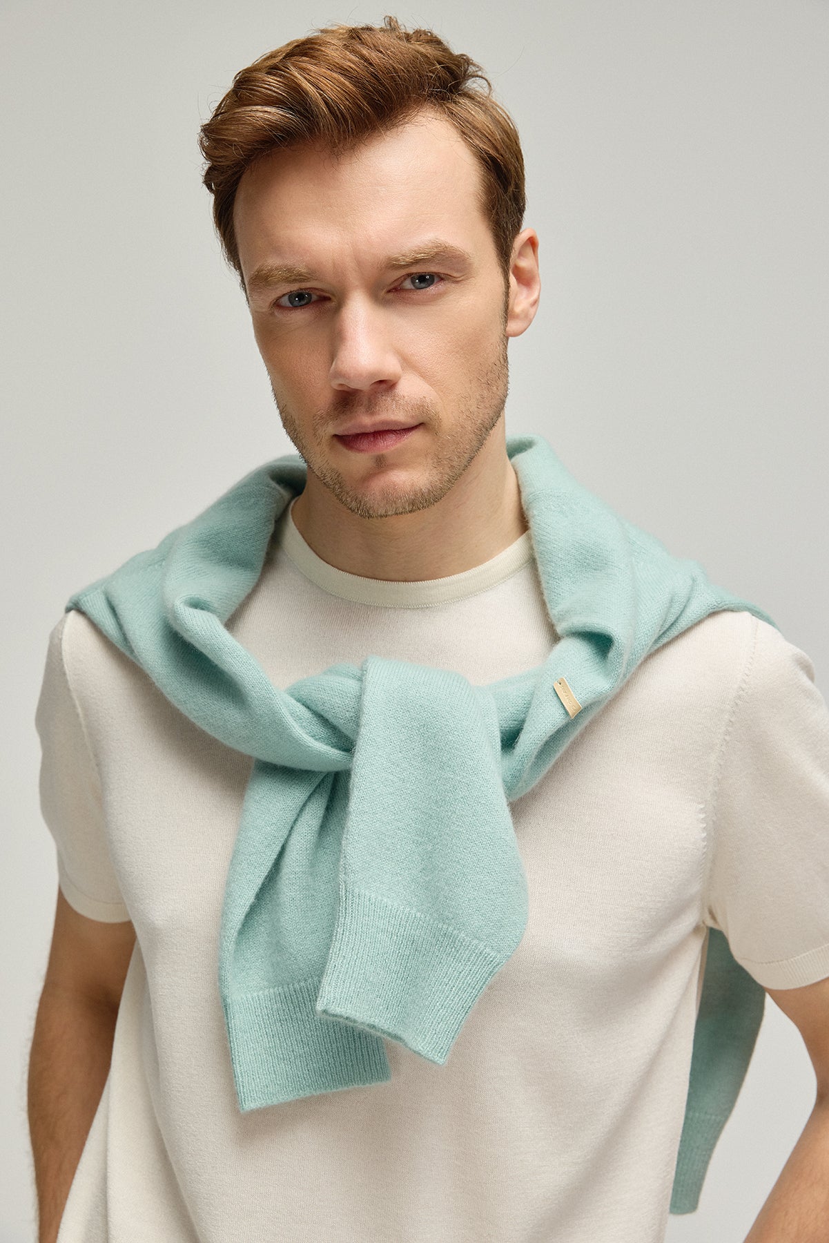 Ekru İpek Kaşmir Utku Yuvarlak Yaka Kısa Kollu Erkek Triko Tişört