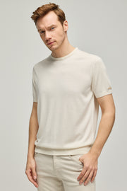 Ekru İpek Kaşmir Utku Yuvarlak Yaka Kısa Kollu Erkek Triko Tişört