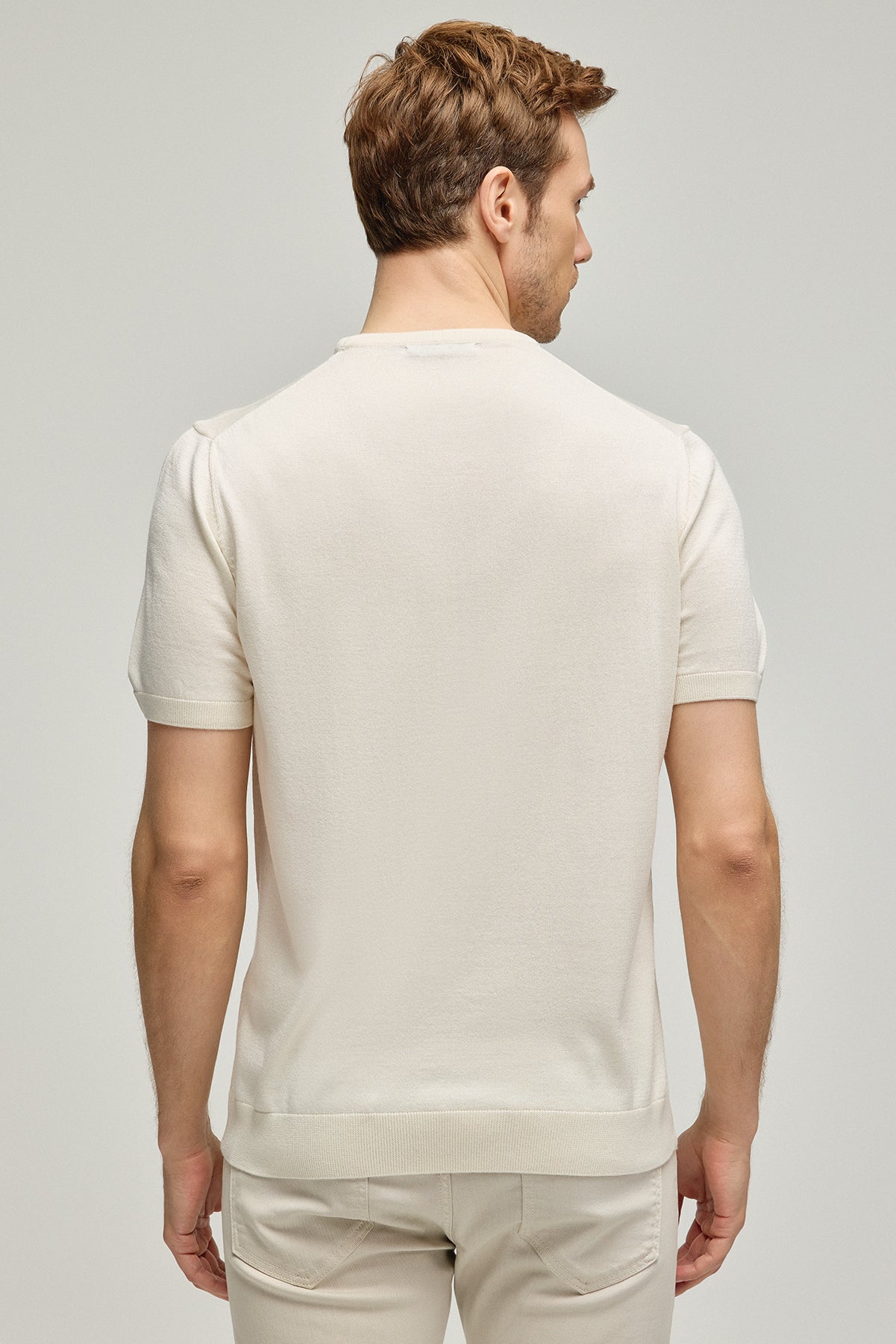 Ekru İpek Kaşmir Utku Yuvarlak Yaka Kısa Kollu Erkek Triko Tişört
