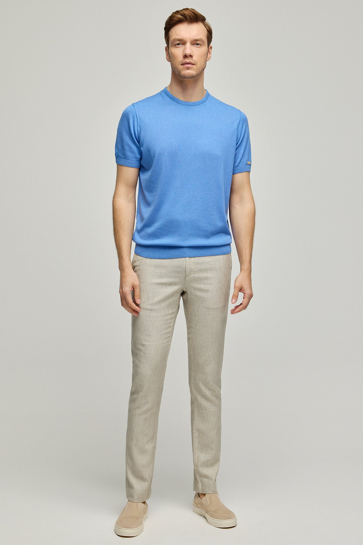 Mavi İpek Kaşmir Utku Yuvarlak Yaka Kısa Kollu Erkek Triko Tişört