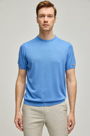 Mavi İpek Kaşmir Utku Yuvarlak Yaka Kısa Kollu Erkek Triko Tişört