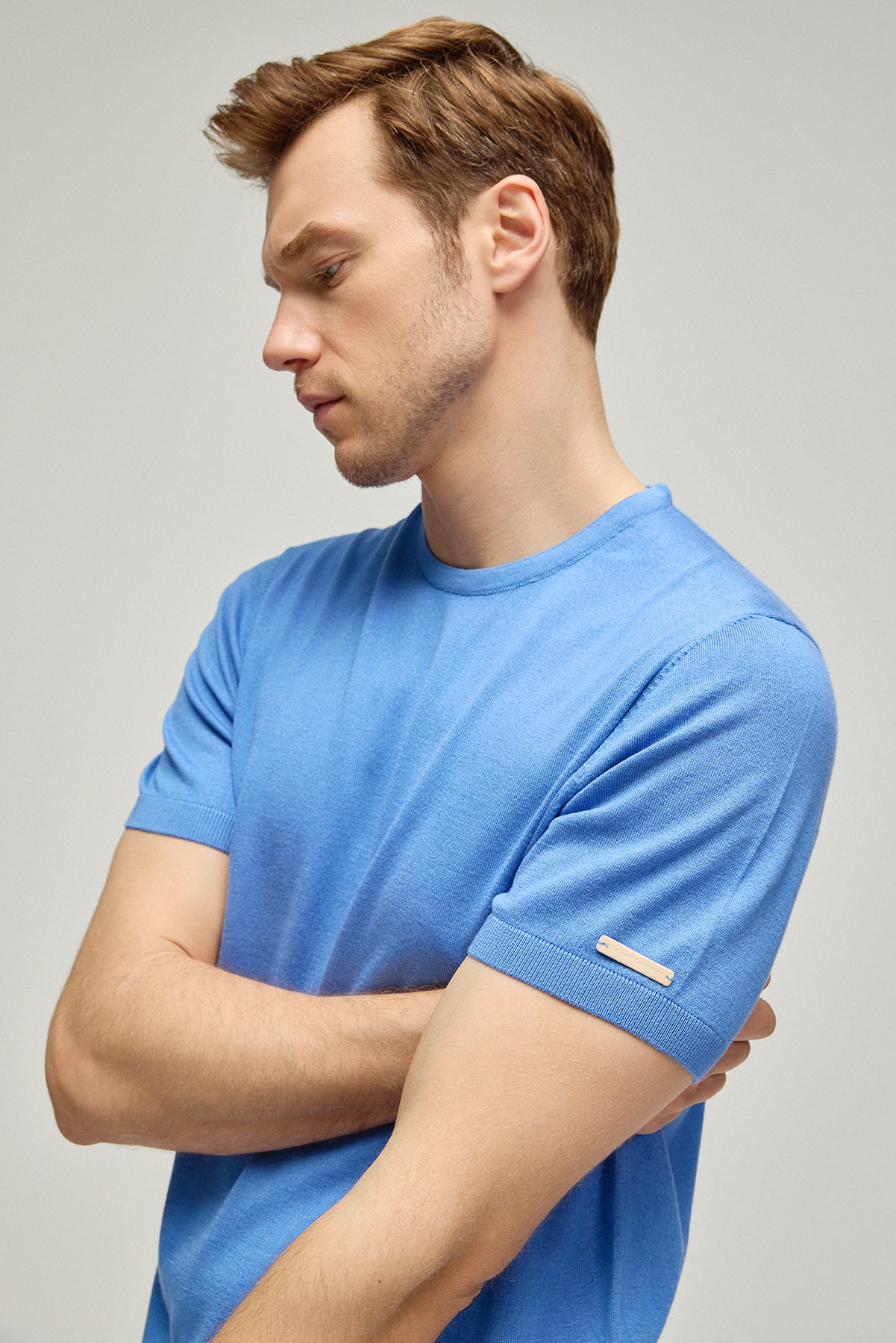 Mavi İpek Kaşmir Utku Yuvarlak Yaka Kısa Kollu Erkek Triko Tişört