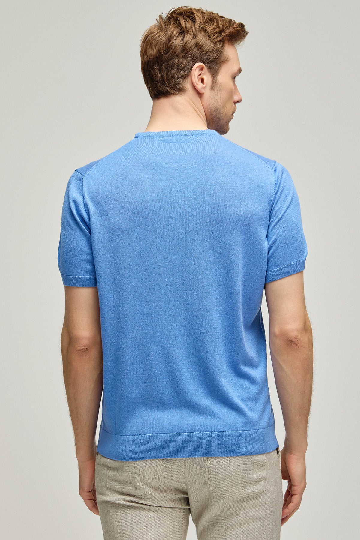 Mavi İpek Kaşmir Utku Yuvarlak Yaka Kısa Kollu Erkek Triko Tişört