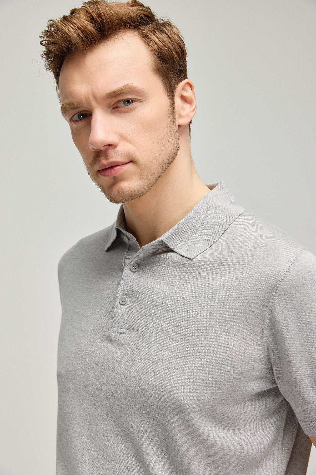 Açık Gri İpek Kaşmir Utku Kısa Kollu Erkek Triko Polo
