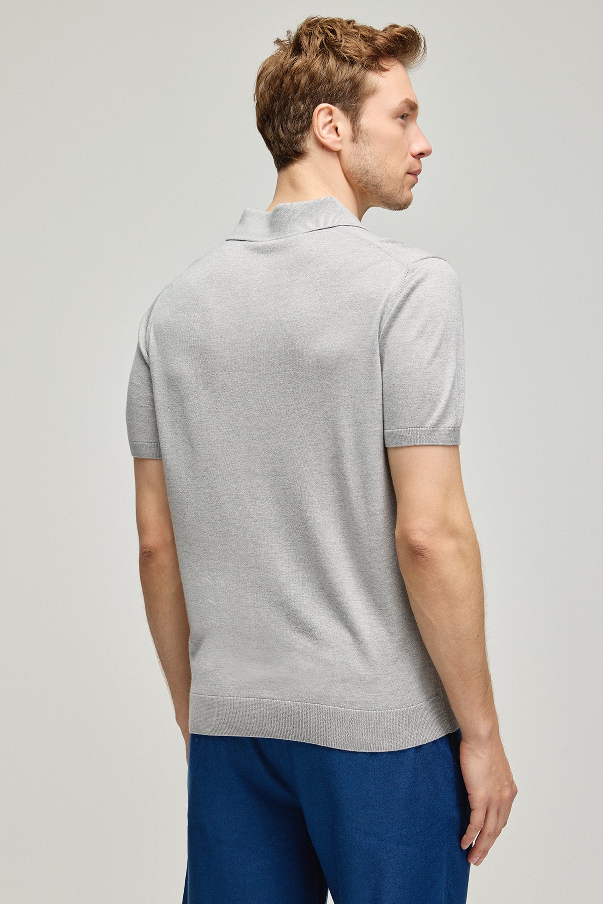 Açık Gri İpek Kaşmir Utku Kısa Kollu Erkek Triko Polo