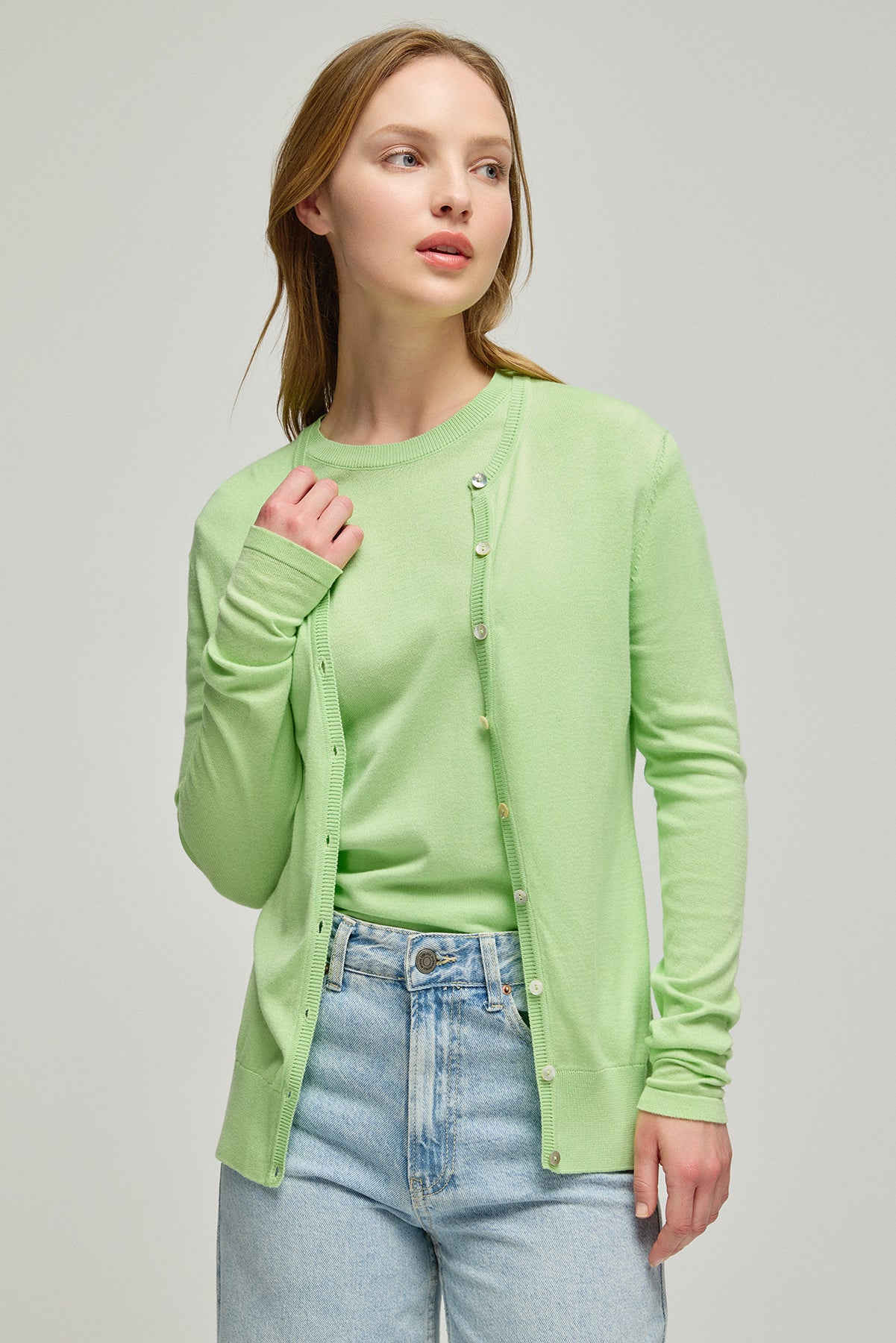 Yeşil Pamuk Modal Juno Yuvarlak Yaka Uzun Kollu Hırka