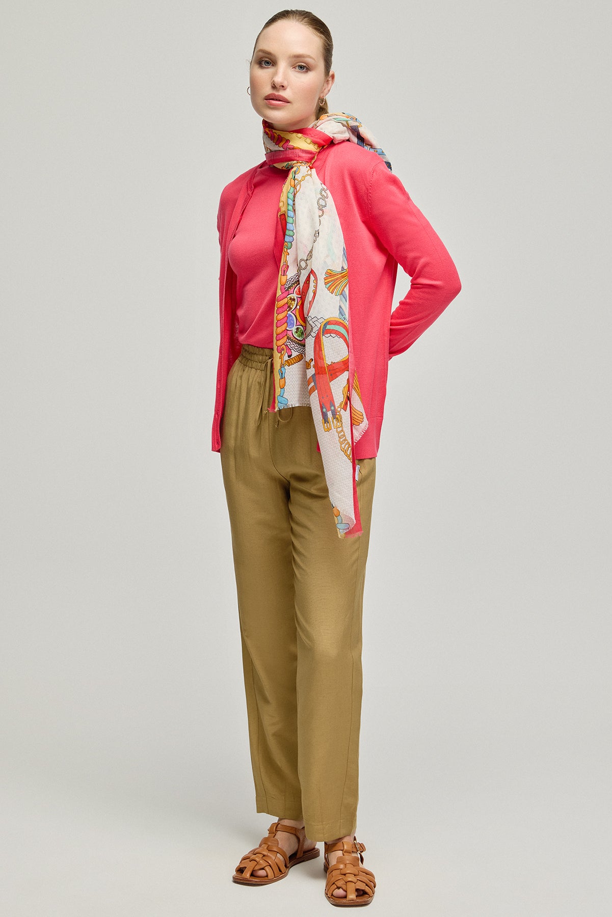 Fuşya Pamuk Modal Juno Yuvarlak Yaka Uzun Kollu Hırka