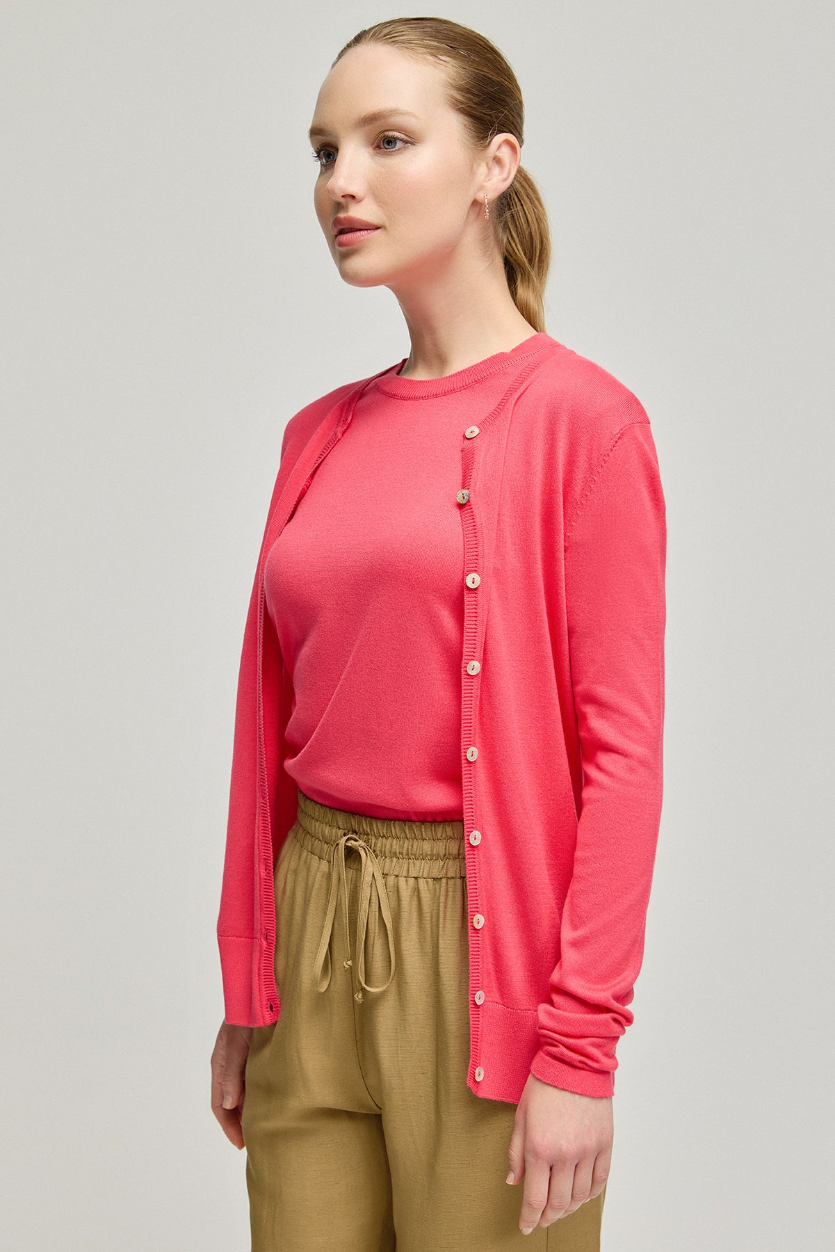 Fuşya Pamuk Modal Juno Yuvarlak Yaka Uzun Kollu Hırka