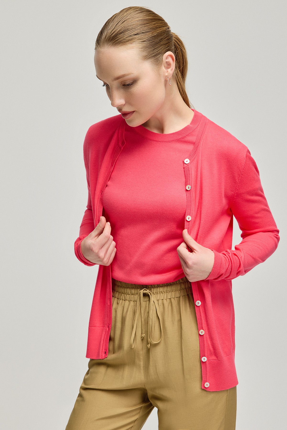 Fuşya Pamuk Modal Juno Yuvarlak Yaka Uzun Kollu Hırka