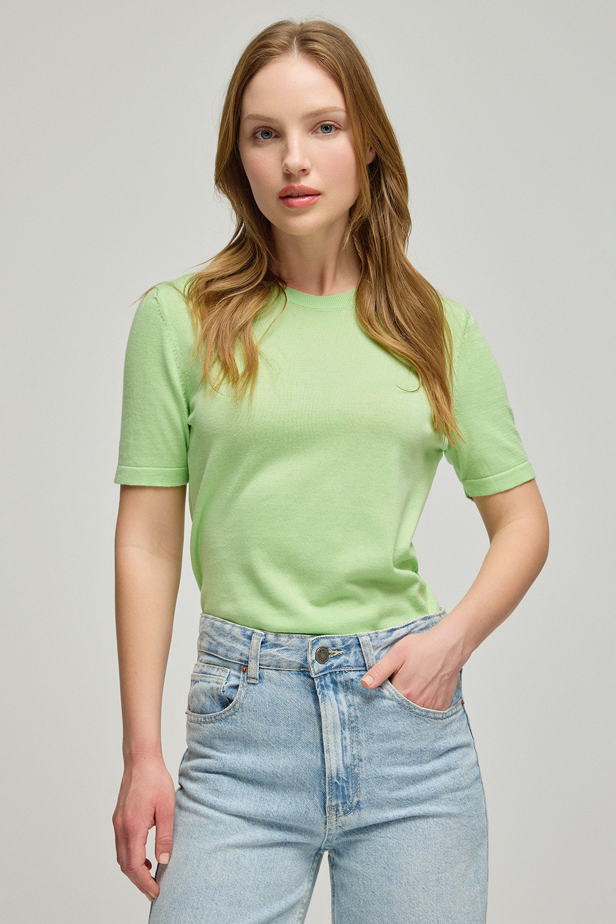 Yeşil Pamuk Modal Juno Yuvarlak Yaka Kısa Kollu Triko