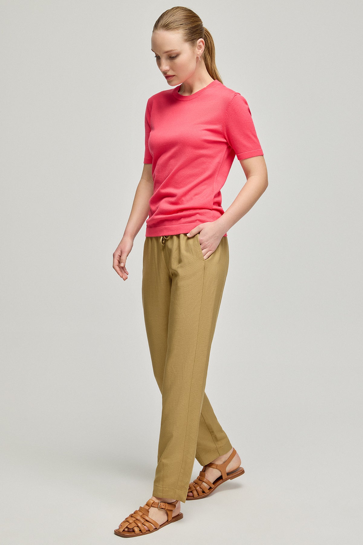 Fuşya Pamuk Modal Juno Yuvarlak Yaka Kısa Kollu Triko