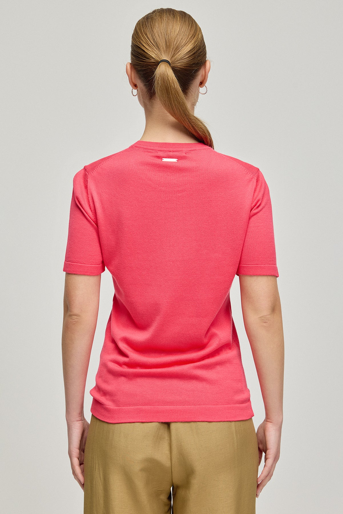 Fuşya Pamuk Modal Juno Yuvarlak Yaka Kısa Kollu Triko