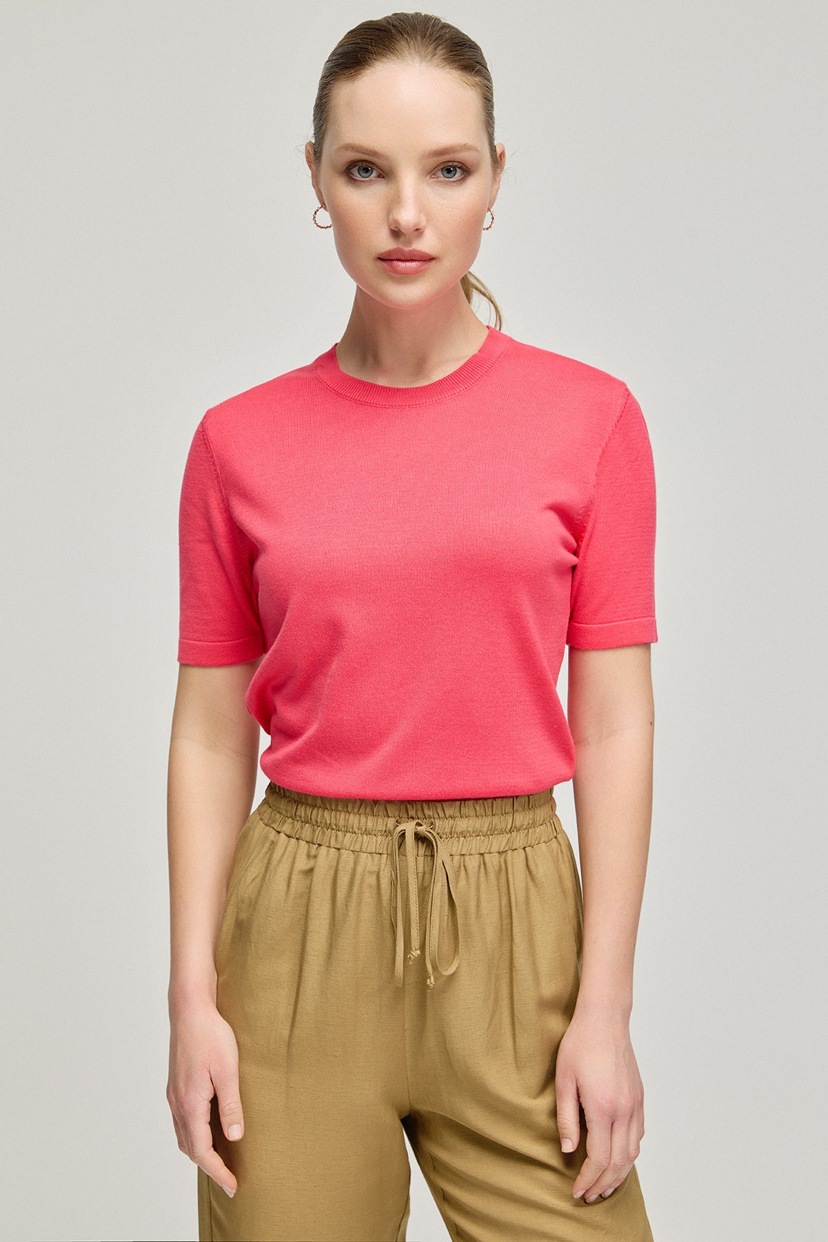 Fuşya Pamuk Modal Juno Yuvarlak Yaka Kısa Kollu Triko