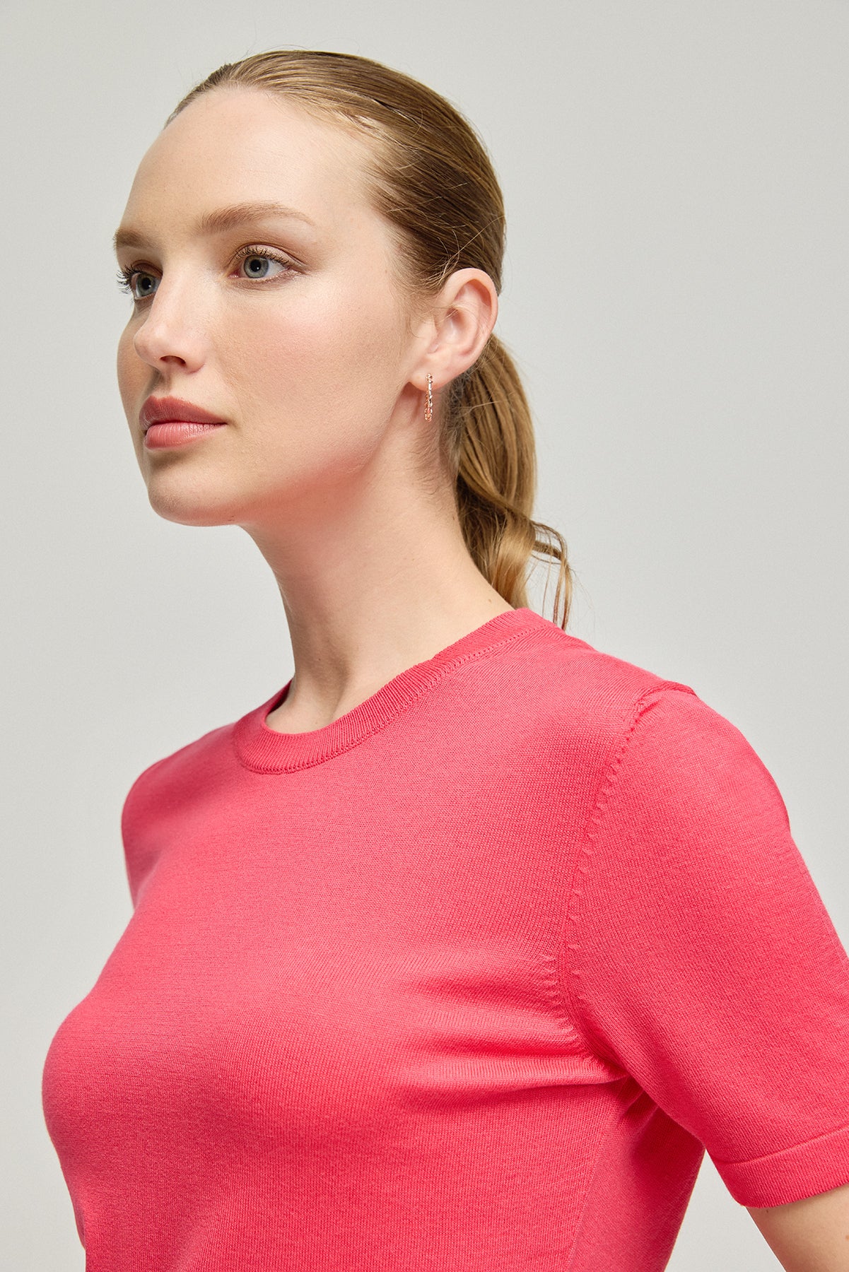 Fuşya Pamuk Modal Juno Yuvarlak Yaka Kısa Kollu Triko