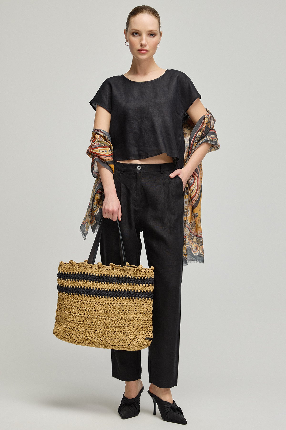 Bej Nina Renkli Çizgili Rafya Çanta 42x31x11cm