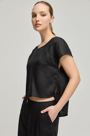 Siyah Keten Kate Yuvarlak Yaka Kısa Kollu Bluz