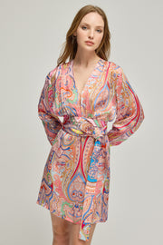 Gül Kurusu Jas Cupro V Yaka Uzun Kollu Desenli Elbise