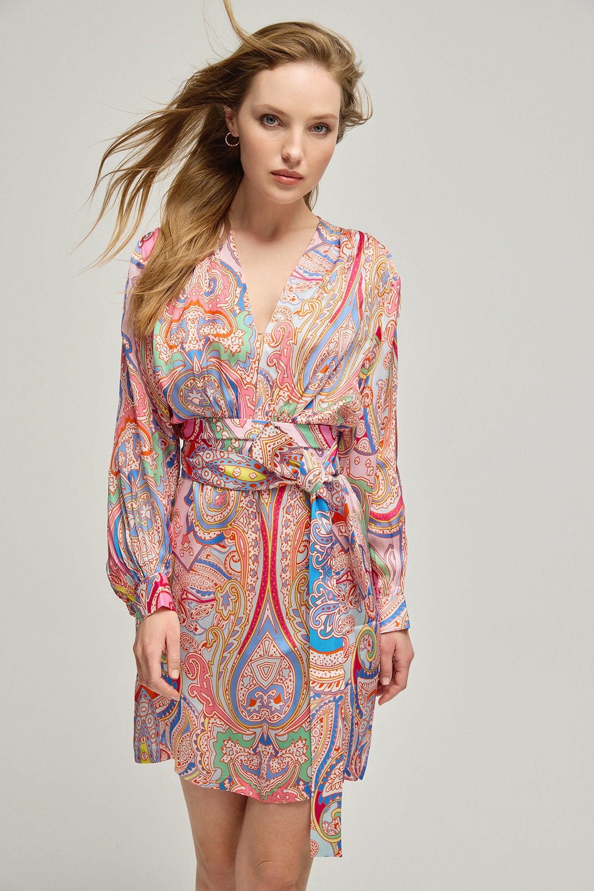 Gül Kurusu Jas Cupro V Yaka Uzun Kollu Desenli Elbise