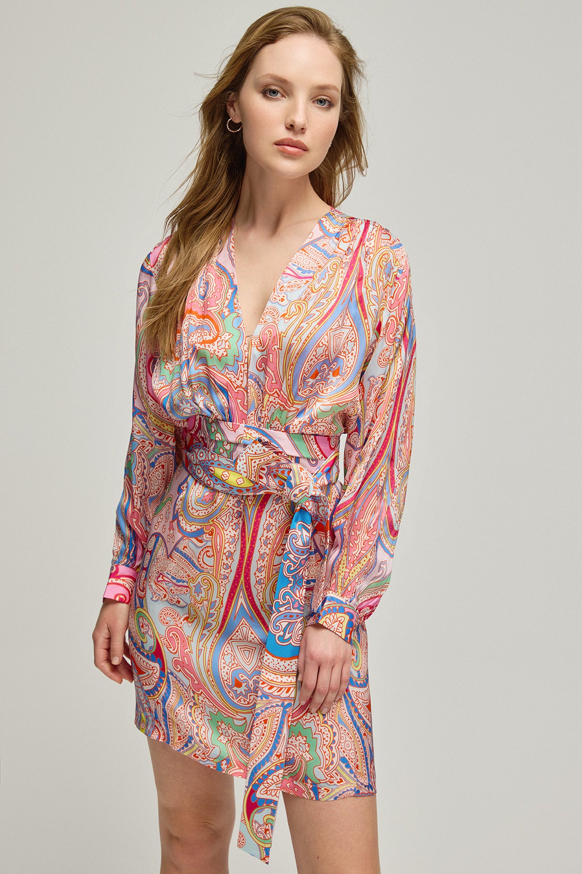 Gül Kurusu Jas Cupro V Yaka Uzun Kollu Desenli Elbise