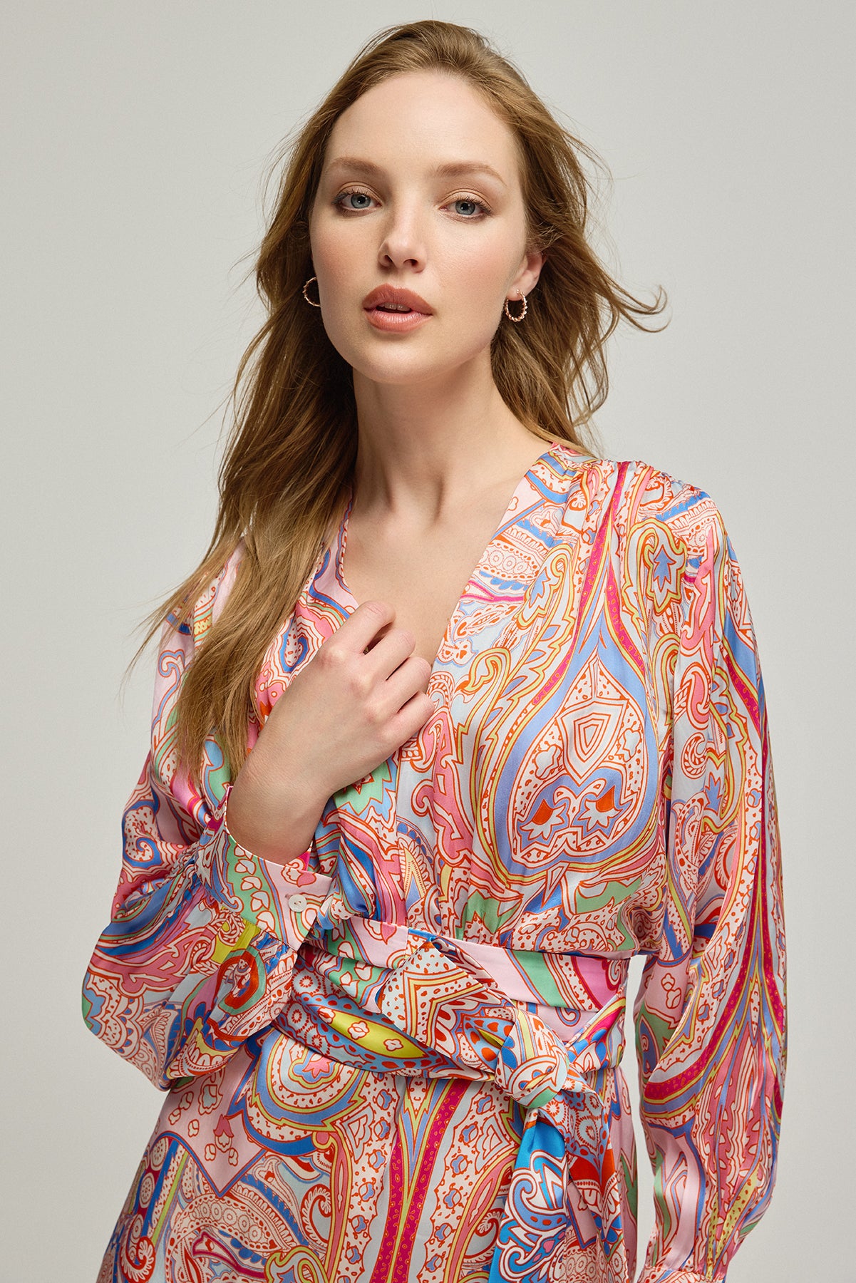 Gül Kurusu Jas Cupro V Yaka Uzun Kollu Desenli Elbise