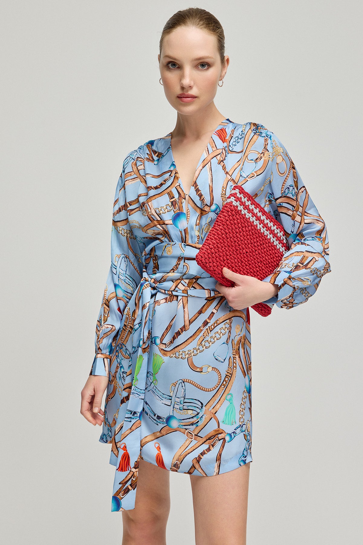 Renkli Jas Cupro V Yaka Uzun Kollu Desenli Elbise