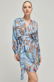 Renkli Jas Cupro V Yaka Uzun Kollu Desenli Elbise