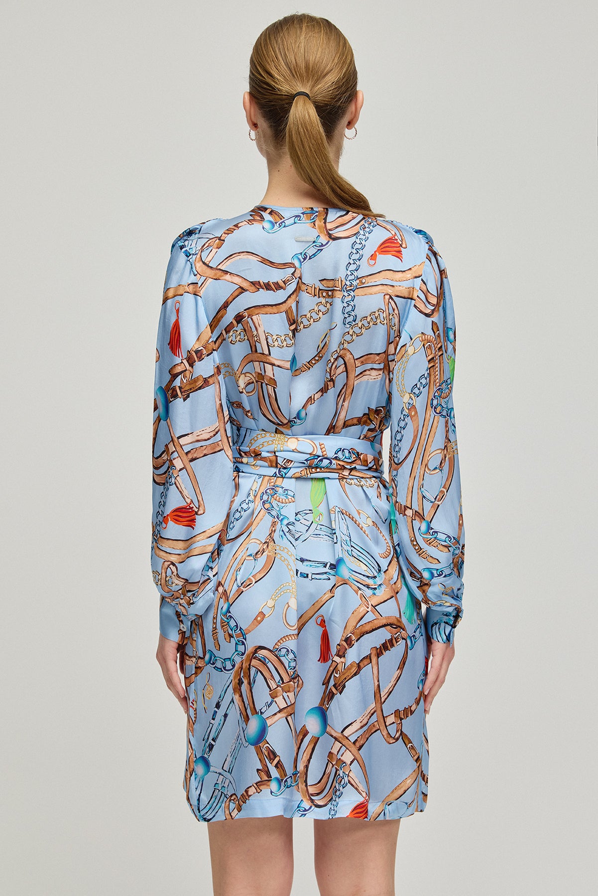 Renkli Jas Cupro V Yaka Uzun Kollu Desenli Elbise