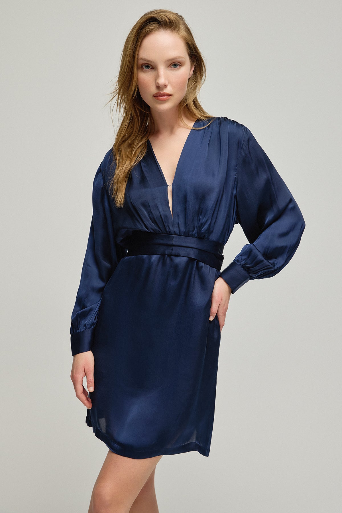 Lacivert Jas Cupro V Yaka Uzun Kollu Elbise