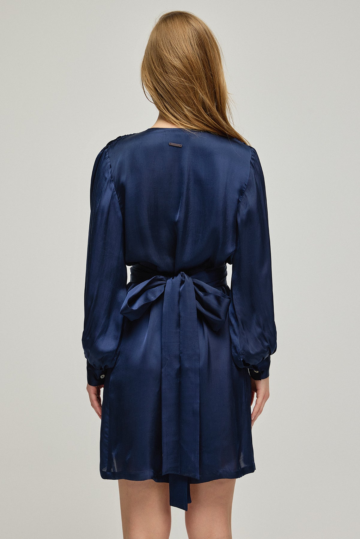 Lacivert Jas Cupro V Yaka Uzun Kollu Elbise