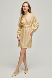 Bej Jas Cupro V Yaka Uzun Kollu Elbise