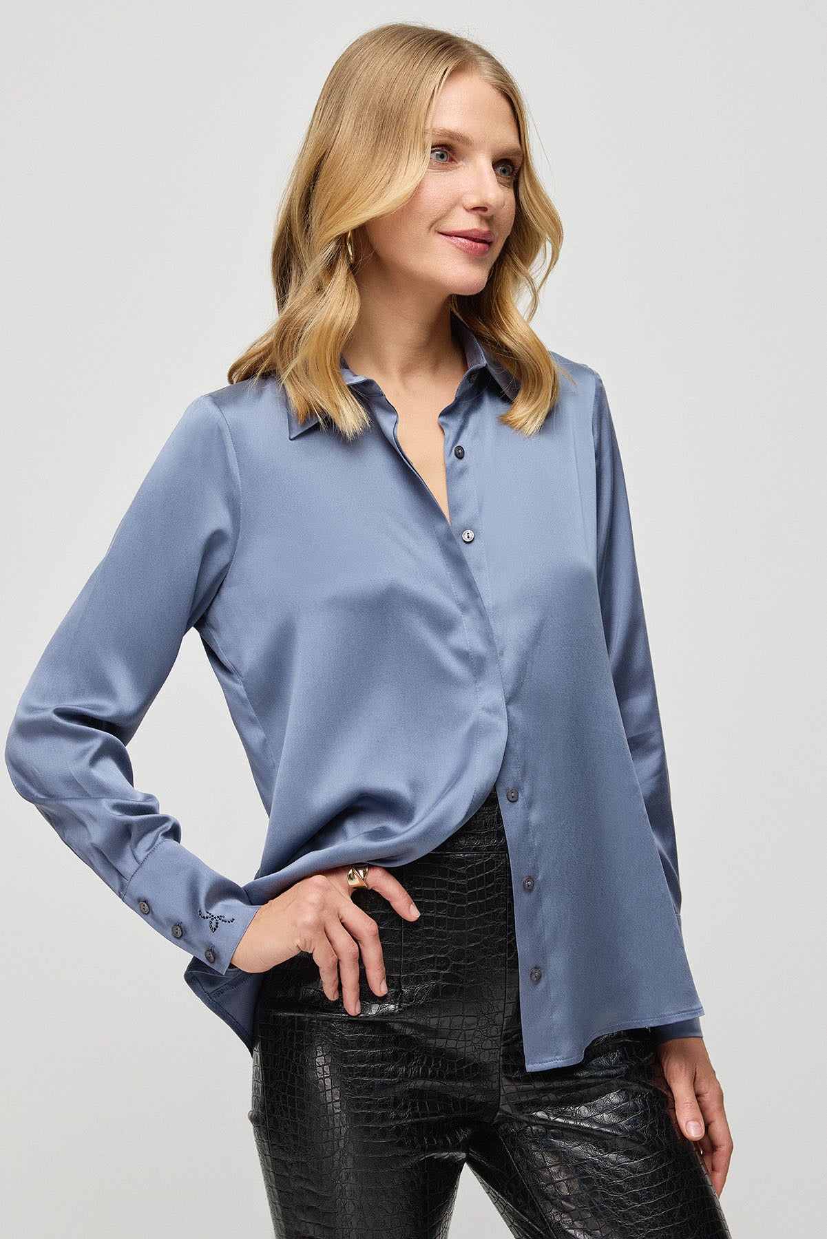 Antrasit Saf İpek Audrey Uzun Kollu Gömlek