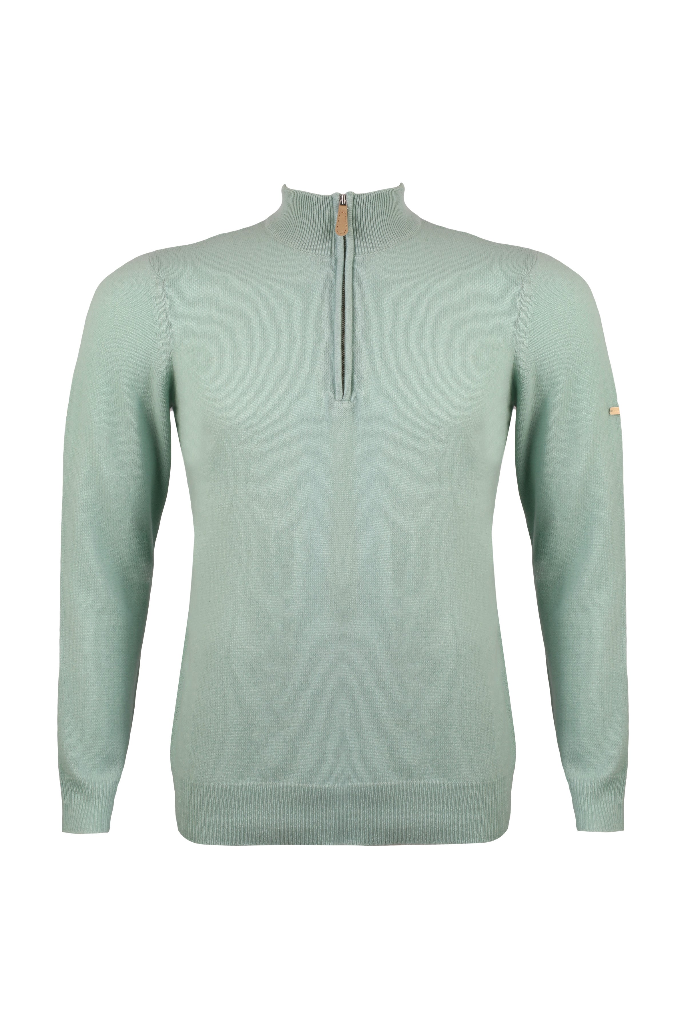 Açık Yeşil Saf Kaşmir Yüksek Yaka Fermuarlı Erkek Kazak