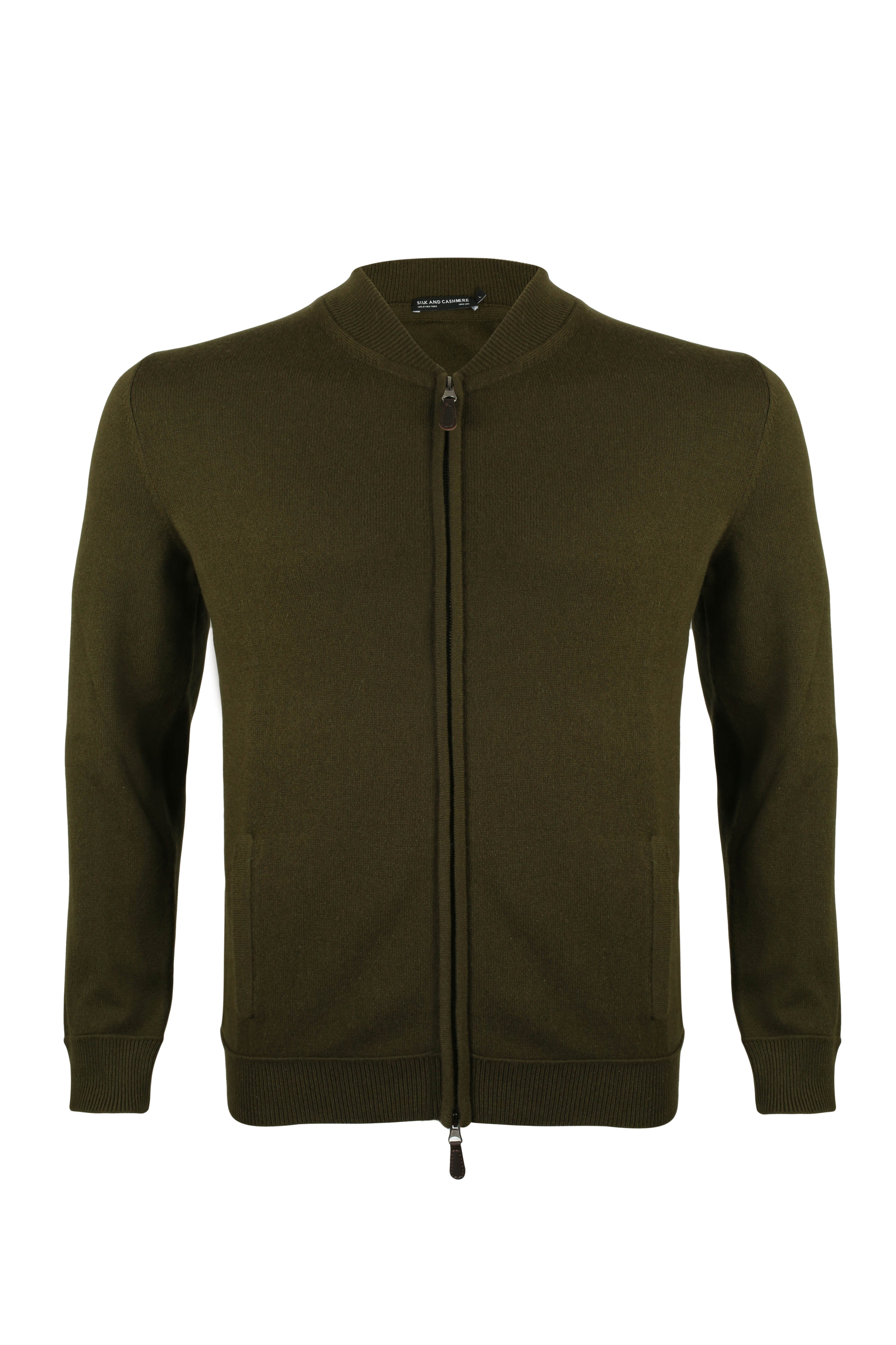 Koyu Haki Saf Kaşmir Erkek Bomber Hırka