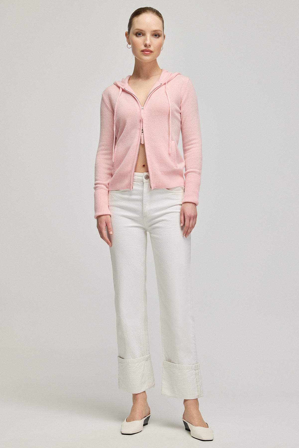 Pembe Orta Gri Melanj Saf Kaşmir Isabella Kadın Kapüşonlu Hırka