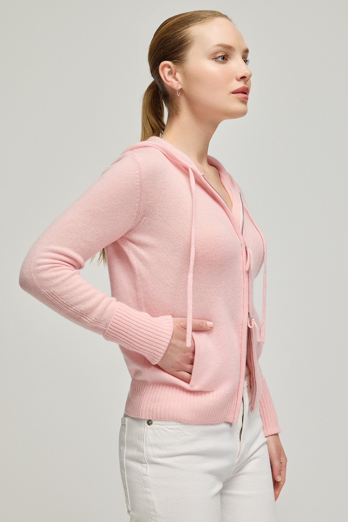 Pembe Orta Gri Melanj Saf Kaşmir Isabella Kadın Kapüşonlu Hırka