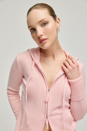 Pembe Orta Gri Melanj Saf Kaşmir Isabella Kadın Kapüşonlu Hırka