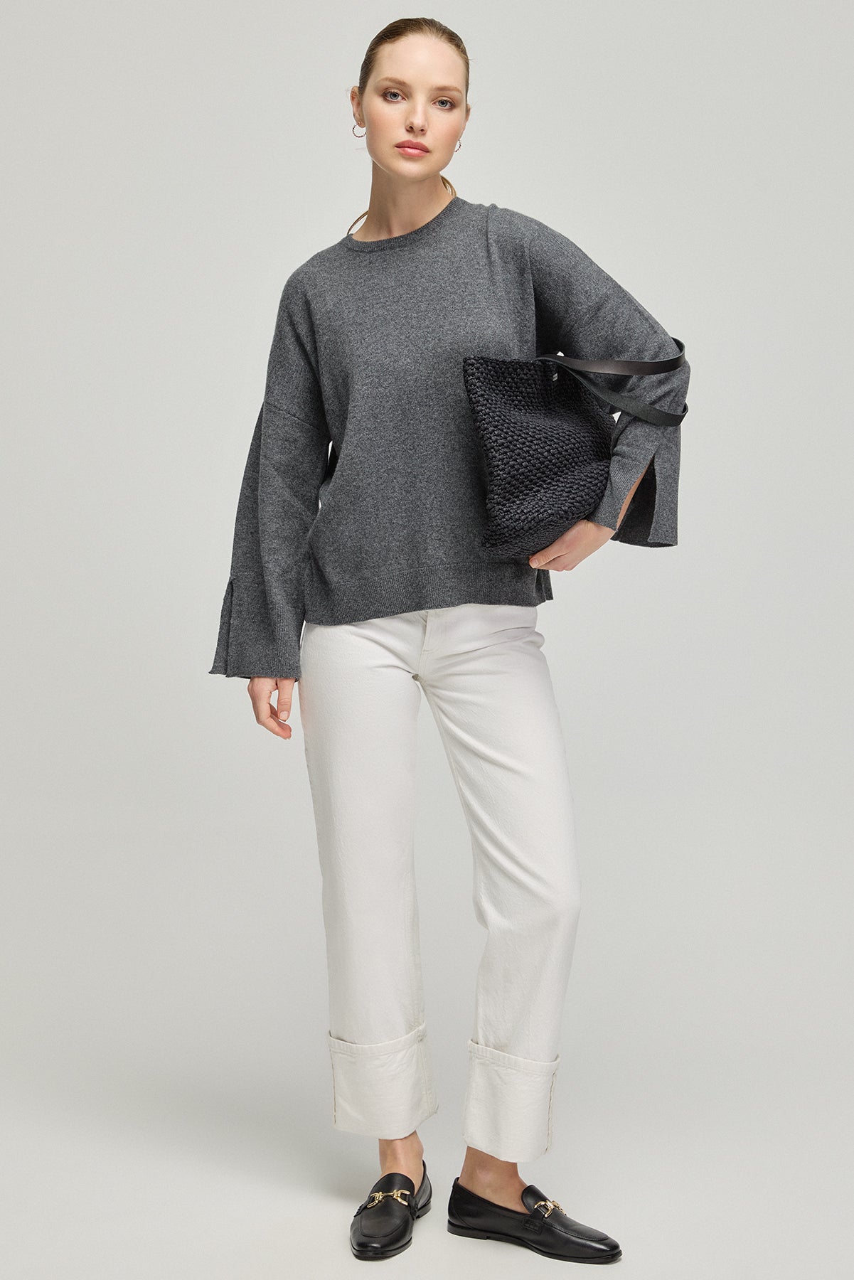 Gri Melanj Kaşmir Yün Romy Bisiklet Yaka Sırt Dekolte Detaylı Kadın Kazak