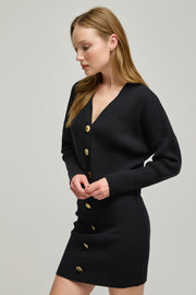 Siyah Saf Yün Stella V Yaka Ribanalı Yarasa Kollu Kadın Crop Hırka